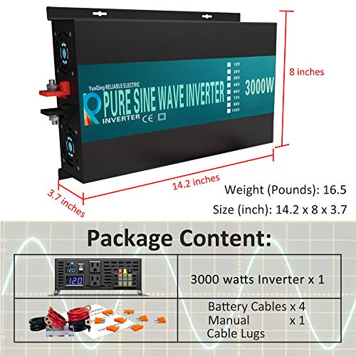 WZRELB 300012FBA Reliable 3000W Pure Sine Wave Solar Power Inverter Off Grid 12V 120V DC AC Power Converter for Home, Black