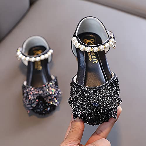 Little Toddler Girls Dress Shoes Sequin Rhinestone Pearl Bow Sandals Princess School Wedding Party (Black, 33 Big Kids)3