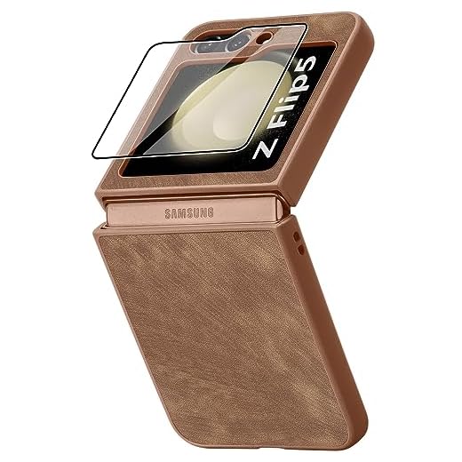 LINYUNE Capa protetora de tela integrada para Samsung Galaxy Z Flip 5, couro vegano, retrô, ultrafina, durável, para Galaxy Z Flip5 5G (marrom)