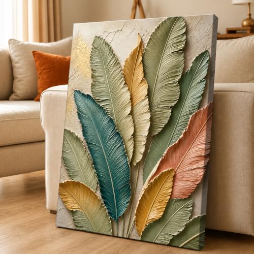 Image of PAINTINGMANTRA Textured Embossed Floral Leaf Canvas Wall Art Painting for wall decoration, Multi-Color Feather & Leaf Motifs Stretched Canvas Painting for living room, bedroom, Home and office, 16x22 Inch