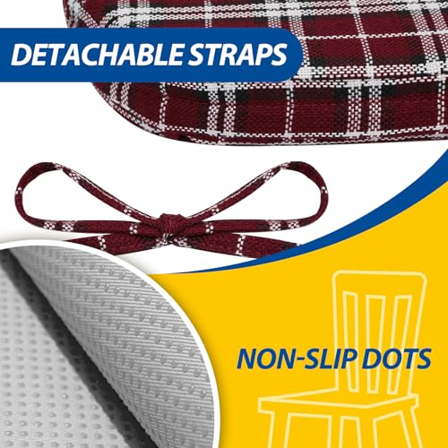 Image of AAAAAcessories D-Shaped Chair Cushions, 2 inch Thick Dining Chair Pads with Ties and Removable, Machine-Washable Cover, 17 inch x 16 inch, Set of 2, Red Checkered