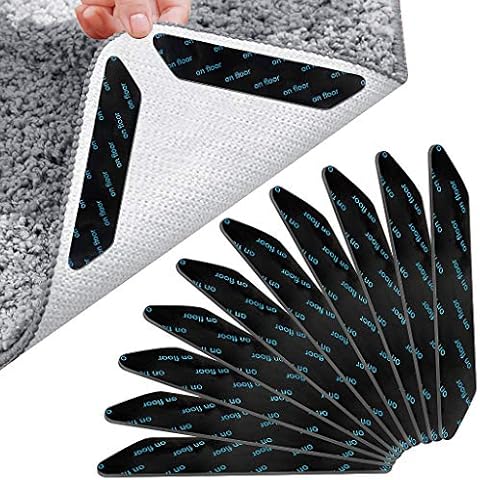 Rug Grippers,10 Pieces Set Anti-slip Rug Stickers Reusable Carpet Corner Gripper Strong Stick Rug Pads for Wooden and Hard Floors Anti Curling Rug Gripper Tape to Keep Your Rug in Place (130x25x2mm) Cover