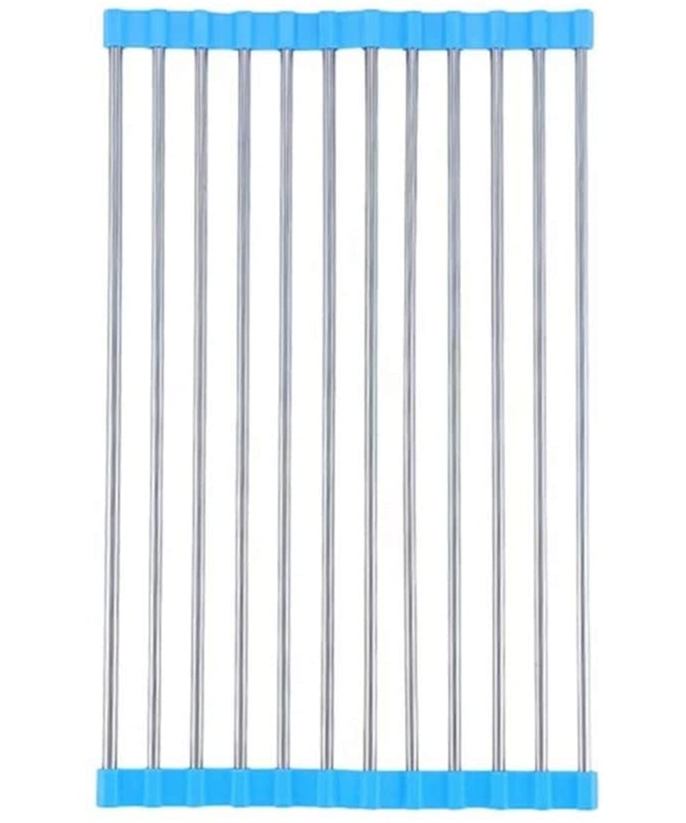 TOMATUS 1 PCS Dish Drying Rack Large Stainless Steel Over The Sink Folding Roll-Up Dish Draining Rack. (Blue)