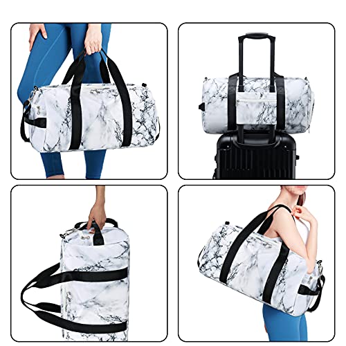 Sport Gym Duffle Travel Bag for Men Women Duffel with Shoe Compartment, Wet Pocket (Marble-White)