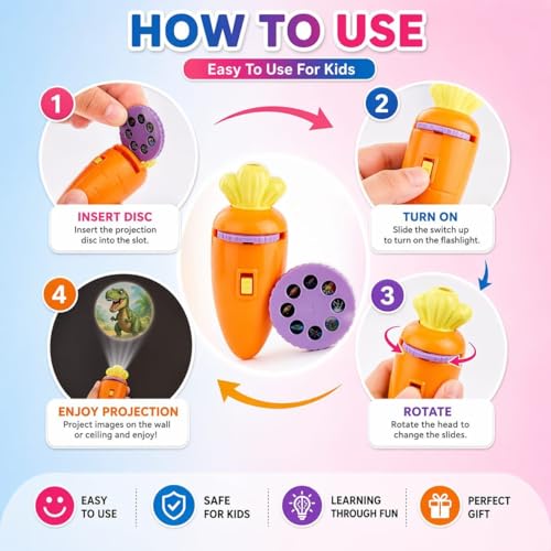 Image of Kids Projection Flashlight Torch Toy with 24 Picture Slides (3 Discs), Mini Projector Torch for Toddlers, Educational Light Toy for 1-3 Year Old Boys & Girls (Carrot Projector)