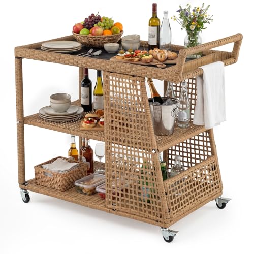 COSTWAY Chariot de Bar Extérieur en Rotin PE 3 Niveaux, Desserte de Jardin avec Plateau Large 4...