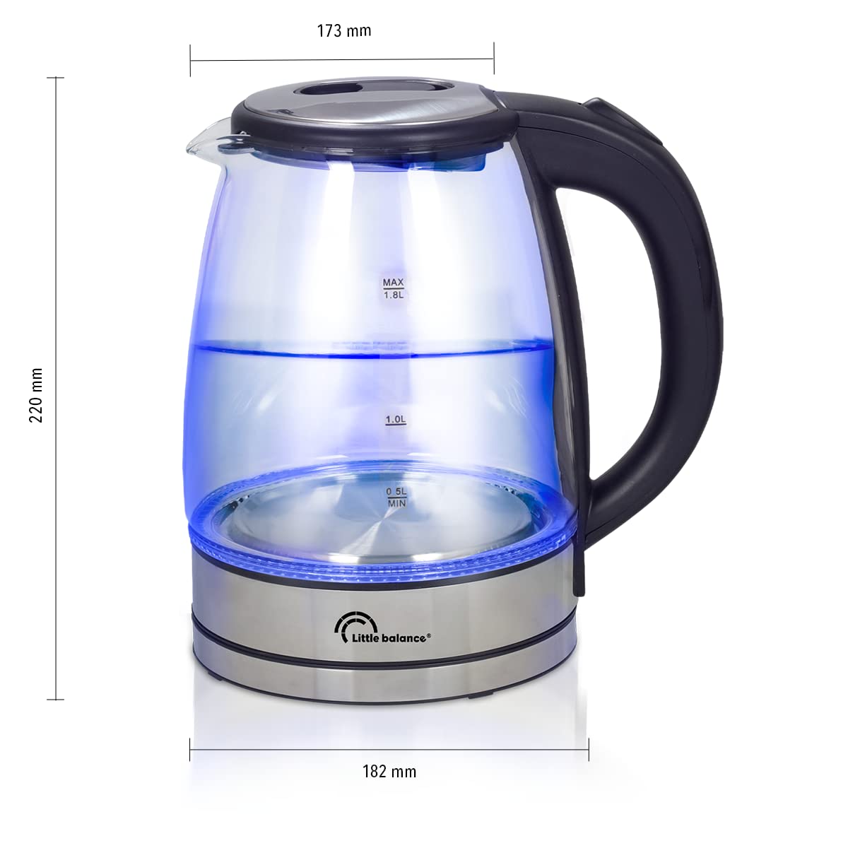 LITTLE BALANCE 8520 Elegance Verre 2000, Hervidor eléctrico, inalámbrico, cristal con iluminación LED, 1,7 L, filtro antical, transparente