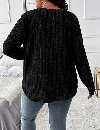 Image of Koscacy Women Plus Size Casual Knit Sweater V Neck Solid Color Tops Lightweight Long Sleeve Blouses