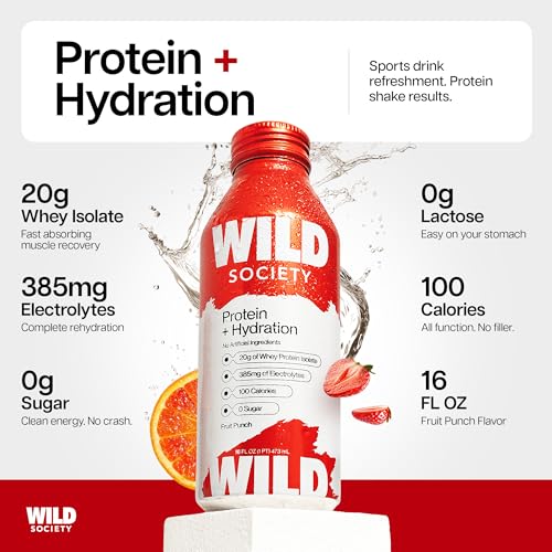 Image of Wild Society Clear Protein Drink + Electrolytes, Fruit Punch, 12 Pack | 20g Clear Whey Protein Isolate, 385mg Electrolytes, Zero Sugar, 100 Calories, 16oz Protein Water Sports Drink