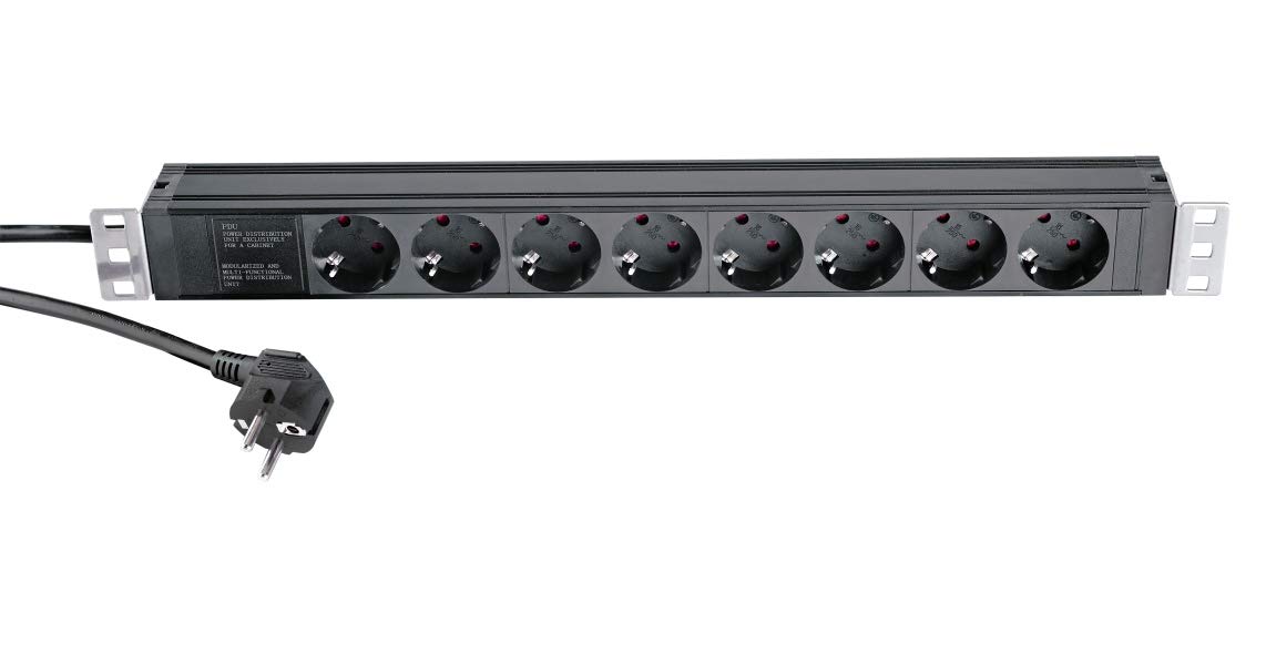28673 19"-Power Box Schwarz – 8-fach Steckdosenleiste 1 HE für Rack und 19 Zoll Equipment – max. 3500 W