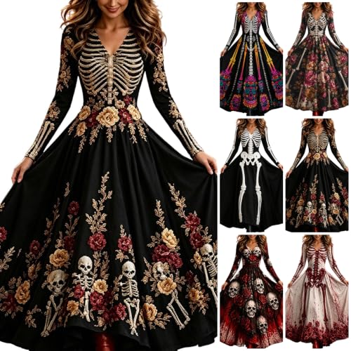 Skeleton Dress Women Gothic Halloween Spooky Season Plus Size Maxi Dresses - image 1