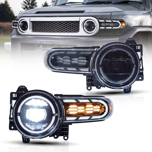 VLAND Projector Headlights Compatible with FJ Cruiser 2007-2022 Front Lamp Assembly w/Dynamic Animation Running Light Bar w/Switchback Turn Signal Lights Sold as a PAIR Easy Installation