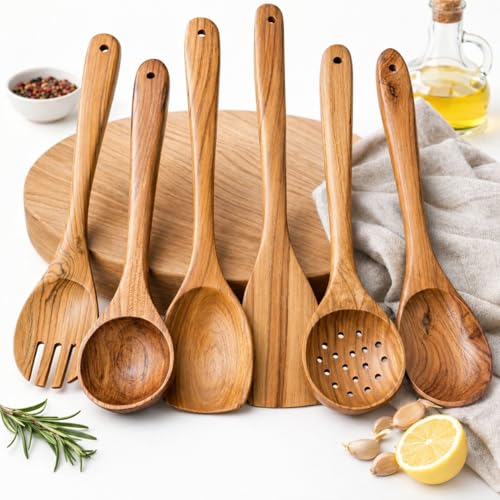 Image of Natural Wooden Spoon & Spatula Set for Cooking, Frying, Serving, Mixing, Turner, Ladle | 6 Pieces | Non Sticky | Heat-Resistant | Ecofriendly | No Polish, Chemical & BPA Free