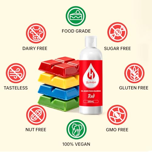 Image of Red Oil Based Food Coloring for Chocolate - Herbeklab 100ml Professional Concentrated Oil Food Dye for Candy Melts, Chocolate, Cake Pops, Strawberries & Baking