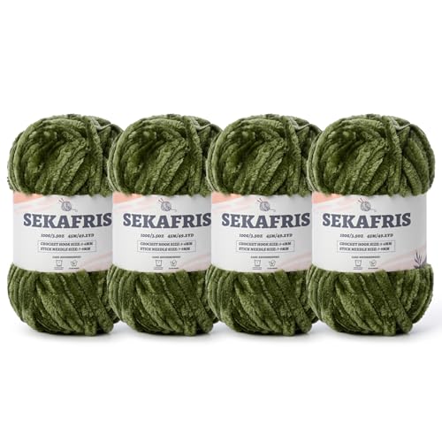 Image of Fuzzy Chunky Chenille Yarn for Crocheting,Soft Plush Yarns for Hand Knitting,Bulky 4x100g(4x49.2 yd) Baby Blanket Yarn for Crocheting Amigurumi,Crochet Fluffy Velvet Yarns (4 Army Green)
