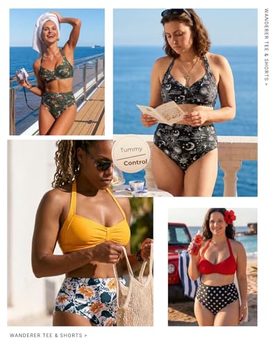 Image of Holipick Women High Waisted Bikini Set Two Piece Swimsuit Tummy Control Bathing Suit Vintage Halter Swimwear