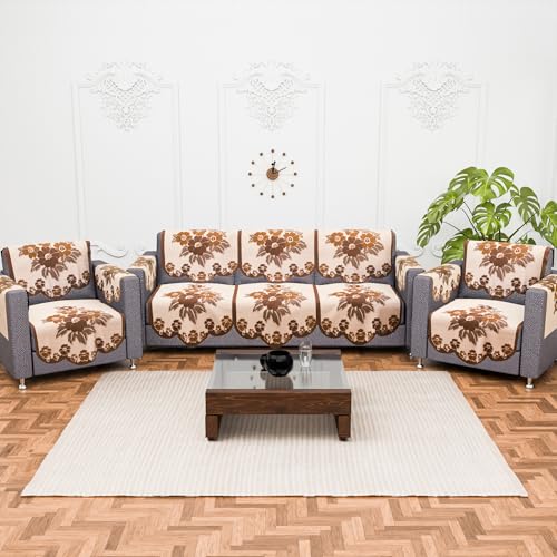 Image of Kuber Industries (Set of 16) Stylish & Durable Cotton Sofa Covers 5 Seater with Arms | Washable Sofa Protector & Slipcover for Living Room & Office | Painting Print- Cream & Brown