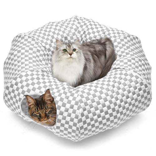 Image of Tunnel Bed for Indoor Cats Peekaboo Cave Donut for Cat with Washable Circle Cushion Interior Cat Play Tunnel（Light Grey）