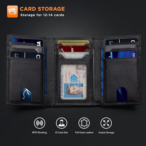 Image of SERMAN BRANDS Trifold Wallet for Men - RFID Blocking Genuine Leather, 11 Card Slots & ID Window, Slim Everyday Carry, Durable Stitching, Gift for Him
