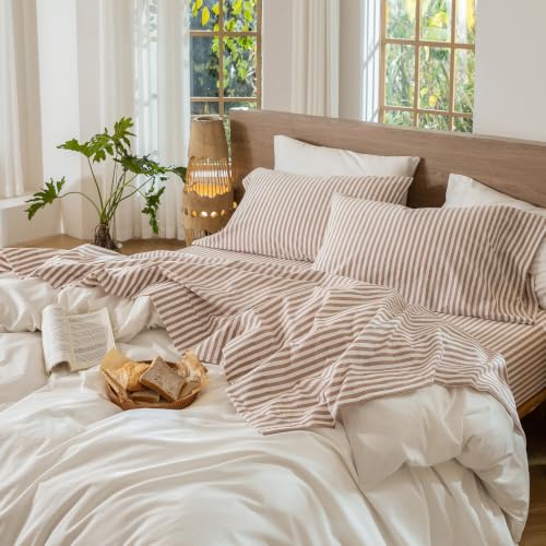 Image of MooMee Striped Sheet Set 100% Washed Cotton Linen Like Twin