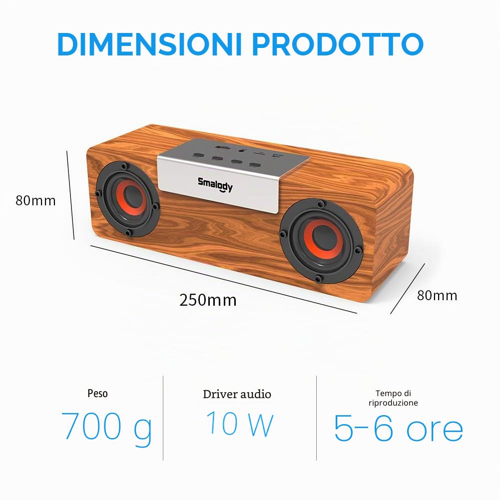 Smalody Altoparlante Bluetooth Portatile in Legno, Altoparlanti Wireless Bluetooth 5.0 Con Audio HD Da 10 W, USB Integrato, Slot Per Schede TF Eingresso AUX, Altoparlante Per Telefono, Tablet, PC