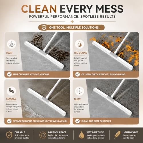 Image of Long Handle Floor Cleaning Wiper Squeegee - Heavy Duty Extendable Adjustable Rotating Handle, Silicone Blade Water Scraper for Bathroom Floors Cleaner Kitchen Tile Balcony