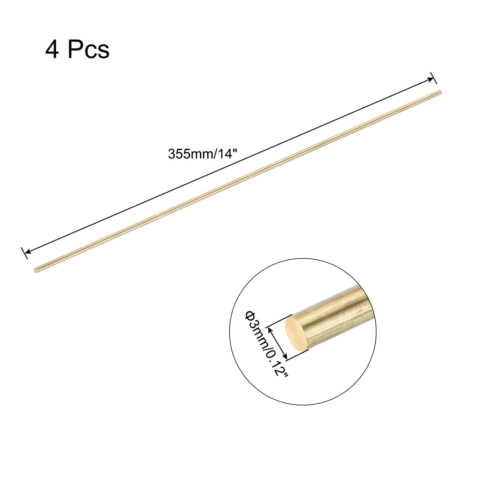 QUARKZMAN Mosiężny pręt, okrągły pręt z litego mosiądzu, średnica 3 mm, długość 355 mm, długość zapasów, drążek tokarski do modeli RC DIY, 4 szt