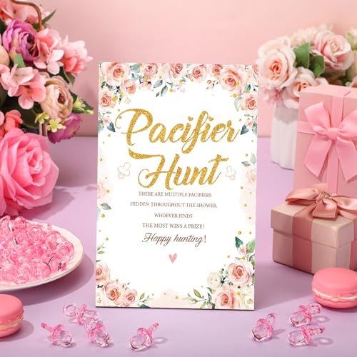 Image of Thyle 51 Pcs Flower Pacifier Hunt Baby Shower Games Floral Theme Baby Shower Game Decoration Include Hunt Sign and 50 Acrylic Pacifiers Gift Sets for Gender Reveal Newborn Announcement Party Decor