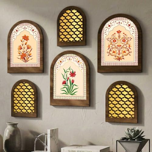 Image of MDF Jharokha Wall Mirror for Home Decor | Traditional Decorative Wall Hanging Jharokha Mirror | Premium Mirrors for Living Room Bedroom Set of 6 (9x12 inch & 7.5x9.5 inch)