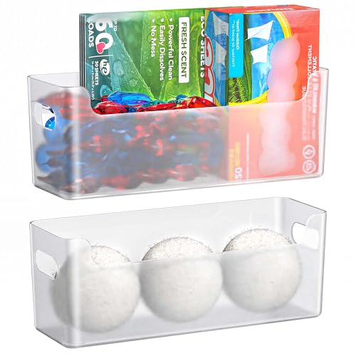 TOWARDFUN Laundry Room Organization 2 Pcs, Adhesive Laundry Pods Container, Laundry/Dryer Sheet Holder, Dryer Ball Holder, Lost Socks Basket for Laundry Room Cabinet, Washer/Dryer (Transparent)