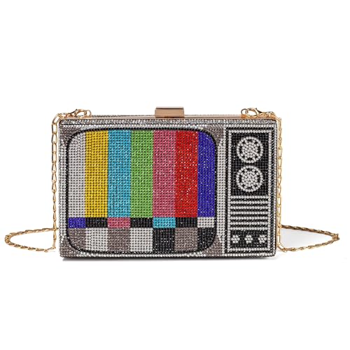 Renabro Women Retro TV Shape Crossbody Bag Rhinestone Metal Vintage Evening Clutch Purses(colorful TV)