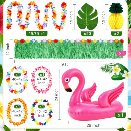Image of WinnerWhy 29 Pcs Summer Tropical Golf Cart Parade Decorations Tropical Flower Leis Tinsel Garland Grass Fringe Banner Inflatable Flamingo Tube Paper Pineapples Leaves for Luau Party Supplies