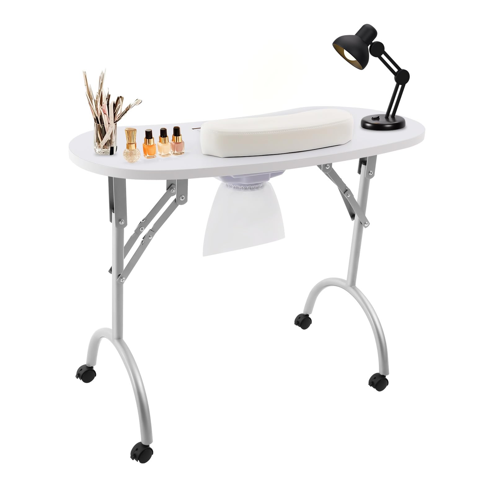 Tavolo pieghevole per manicure con aspirazione, portatile, professionale, con ruote, sacchetto per la polvere, fino a 30 kg, mobile per manicure, bianco