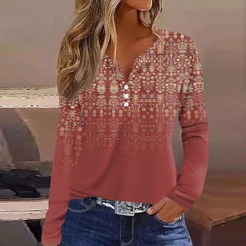 ZEFOTIM Long Sleeve Tops for Women 2024 Fall Loose Fit Trending Geometric V Neck Button Down Tops Trends Fashion Soft Shirt3