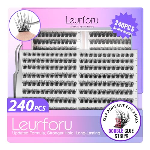 Leurforu Self Adhesive Eyelashes Lash Clusters Kit 240 Pcs Lash Cluster Pre-glued Eyelash Clusters Wispy Lash Clusters DIY Eyelashes No Glue Needed Eyelashes Individual Lashes With Tweezers