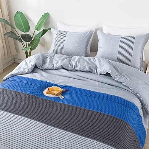 Litanika Blue Grey Bed Comforter Twin Set, XL Twin Comforter Boys Men Striped Bedding Comforter Set, 2 Pieces Lightweight Soft All Season Down Alternative Comforter (1 Comforter, 1 Pillowcase)