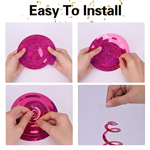 Image of PIGETALE 30 Pieces Iridescent Hot Pink Hanging Swirl Decorations Plastic Streamers Foil Swirls Ceiling Decorations Wedding Holiday Celebration Bachelorette Baby Shower Birthday Party Decorations