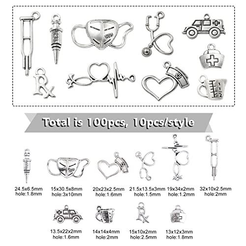 UR URLIFEHALL 100 Pcs 10 Styles Medical Supplies Charms Antique Silver Stethoscope Ambulance Nurse Cap Heart Charms for DIY Jewellery Making - Image 2