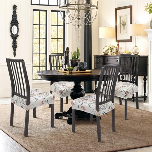 Image of SearchI Dining Chair Seat Covers Set of 6, Stretch Removable Chair Covers for Dining Chairs, Kitchen Chair Covers Protector(Beige Flower 1)