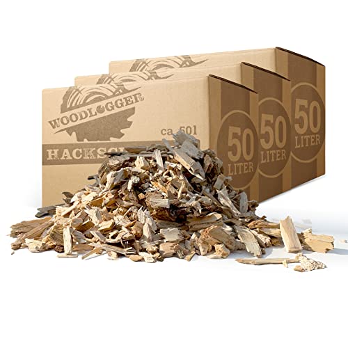 Woodlogger Hackschnitzel aus Kiefer 150 L | Holzhackschnitzel als Rindenmulch-Ersatz für den Garten | Verwendbar als Einstreu, Brennmaterial, Anzünder, Deko, Mulch & Fallschutz für den Spielplatz