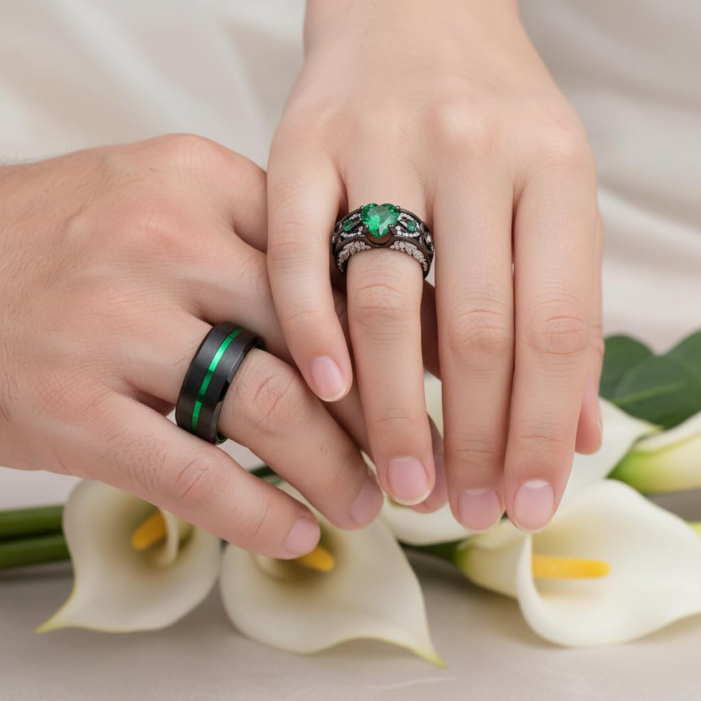 RHANY Passende Eheringe für Paare Set Versprechen Ringe für ihn und sie anpassbare Smaragd grün Verlobungsringe für Frauen Herren Ehering Wolfram graviert Valentinstag Schmuck Geschenk