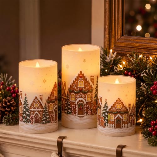 Image of Tujoe 3 Pcs Christmas Gingerbread House Flameless Candle LED Pillar Candle