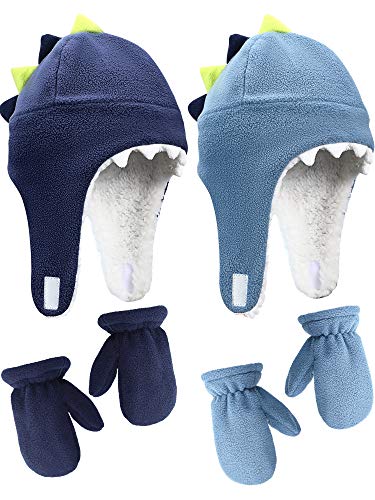 2 Sets Baby Sherpa Hats and Mittens Set Warm Fleece Winter Hat and Thumb Gloves Dinosaur Double Layer Hat Pilot Earflap Hats for Girls Boys Infant Toddler