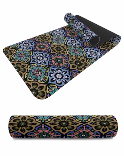 Debedcor Heat Proof Table Pads Waterproof Decorative, Blue Brown Purple Boho Non-Slip Table Countertop Protector, Southwestern Ethnic Floral Insulation Mat for Dining Room, 48 x 12 Inches