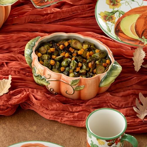 Harvest Fields 3D Pumpkin Shallow Serving Bowl – 10” x 7” Ceramic Farmhouse Bowl for Fall Side Dishes, Salads & Holiday Feasts – 32oz Capacity – Perfect for Thanksgiving & Autumn Entertaining - Thumbnail 3