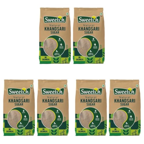 Image of Sweetch Natural Khandsari Sugar (Raw cane Sugar) 1Kg Each Pouch Pure Desi Khand, Unrefined & Unprocessed, Low GI, No Chemical, Sulphur & Bleach Free | For Baking & Cooking with natural sweetness (Raw Can Sugar), Pack of 6)