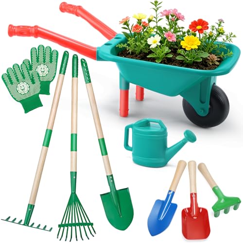 CUTE STONE Kids Gardening Tools Set - 9PCS Toddler Garden Toy with Kids Wheelbarrow, Shovel, Rake & Watering Can - Durable Kids Gardening Kit for Backyard Garden Play, Indoor & Outdoor Play Ages 3-5