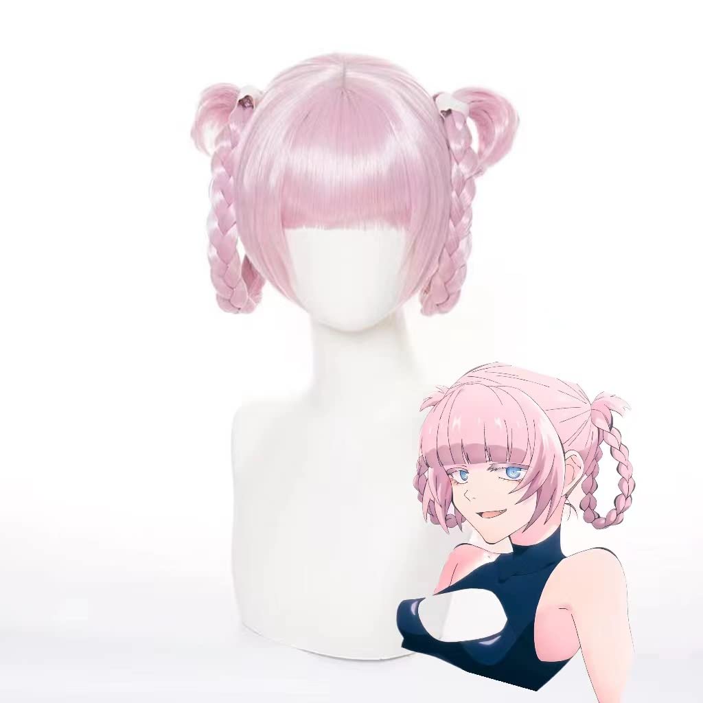 Anime Nazuna Cospaly Wig Pink Hair with Two Braids and Bangs Halloween Party Wigs Costume Heat Resistant Synthetic Hair + Wig Cap