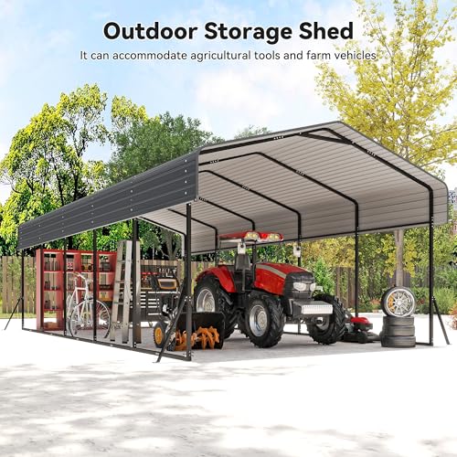 Image of 13x26FT Metal Carport,Heavy Duty Carport with Reinforced Frame and Galvanized Steel Roof, Large Outdoor Garage Shelter Shade Car Port for Pickup Trucks, Boats, Cars & Tractors, Farm Tools, Party,Gray