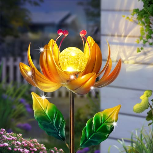 Solar Lights Wind Spinners for Yard and Garden - Metal Lotus Flower Windmills LED Crackle Glass Globe Outdoor Garden Decor Yard Art Lawn Ornament by SUCUY - Used condition - US$21.05